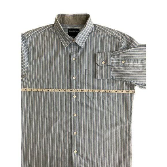 Calvin Klein Jeans Mens Button-Up Long Sleeve Shirt Blue & White Striped Medium - Picture 7 of 12